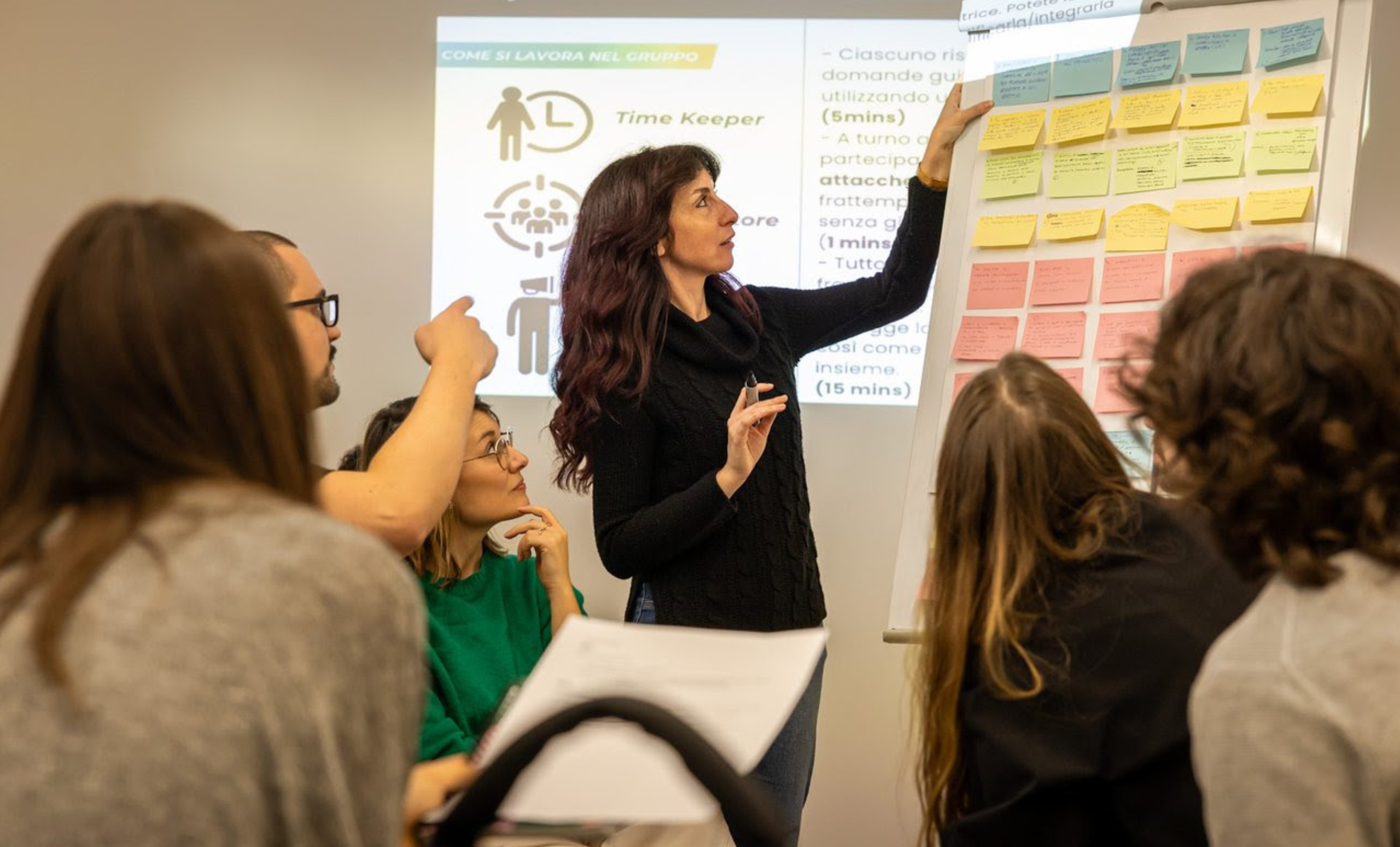 Simona alla lavagna che legge dei post-it colorati al team marketing dell'agenzia Larin